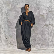 V-neck Batwing-sleeve Puff-sleeved Lace-up Loose-fitting Dress