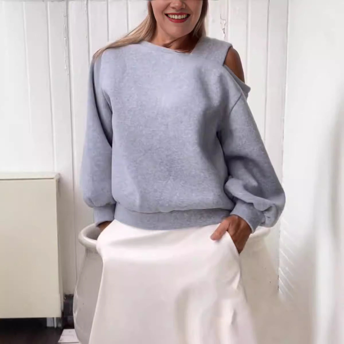 Cozy Off-Shoulder Fleece-Lined Sweatshirt