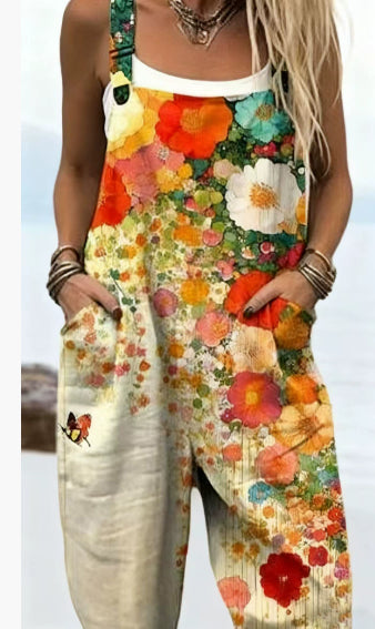 Printed Casual Beach Jumpsuit with Suspenders