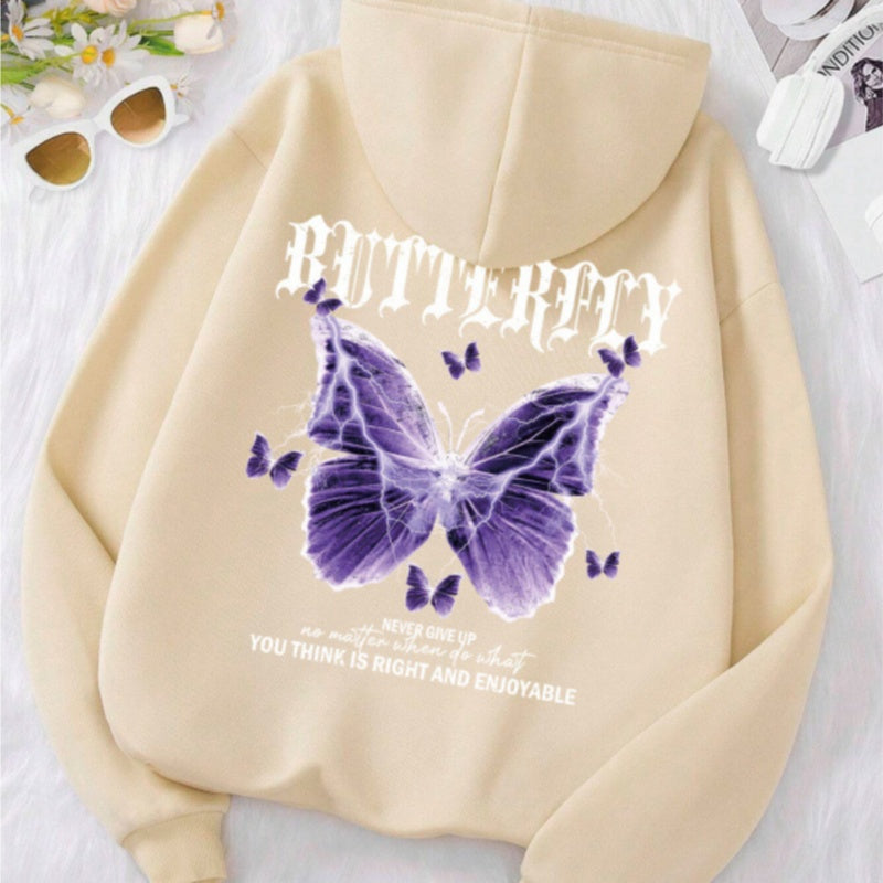 Women's Purple Butterfly Print Sports Hoodie Sweatshirt