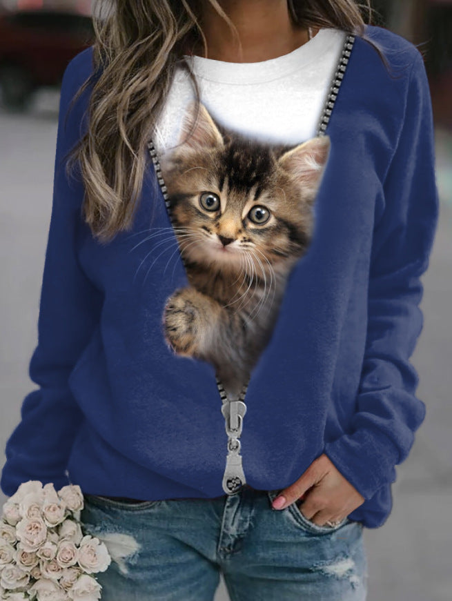 Cute Cat Print Casual Round Neck Pullover Sweatshirt