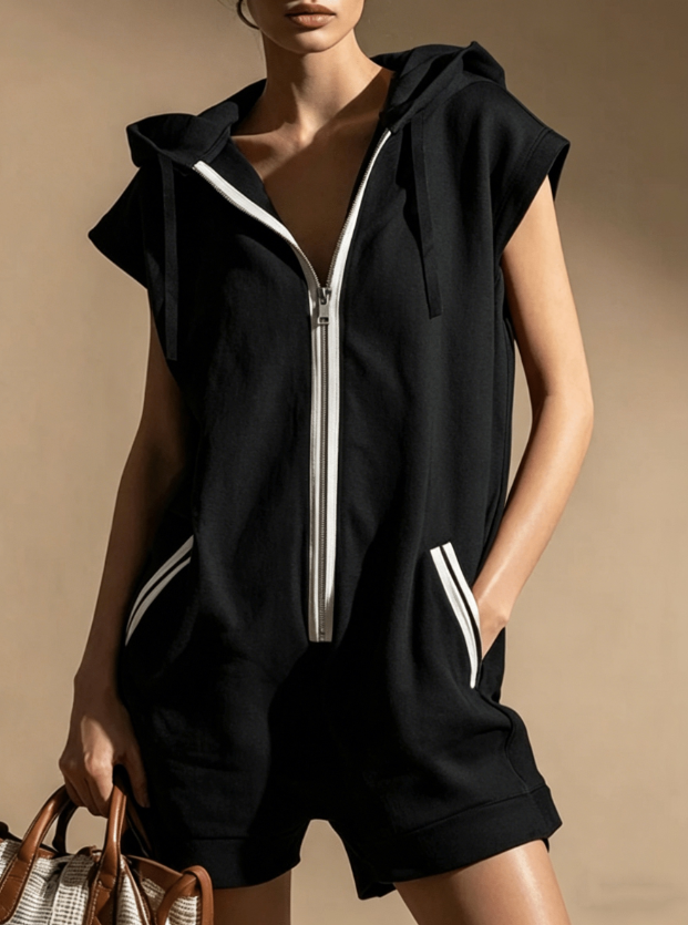Casual Half-Zip Hooded Romper with Pockets