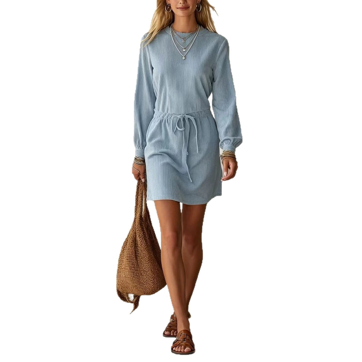 Cord-Tie High-Waist Corduroy Mini Skirt