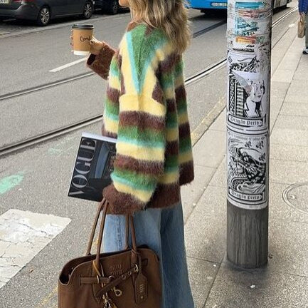 Women's New Color Round Neck Striped Knitted Sweater Fashion Loose