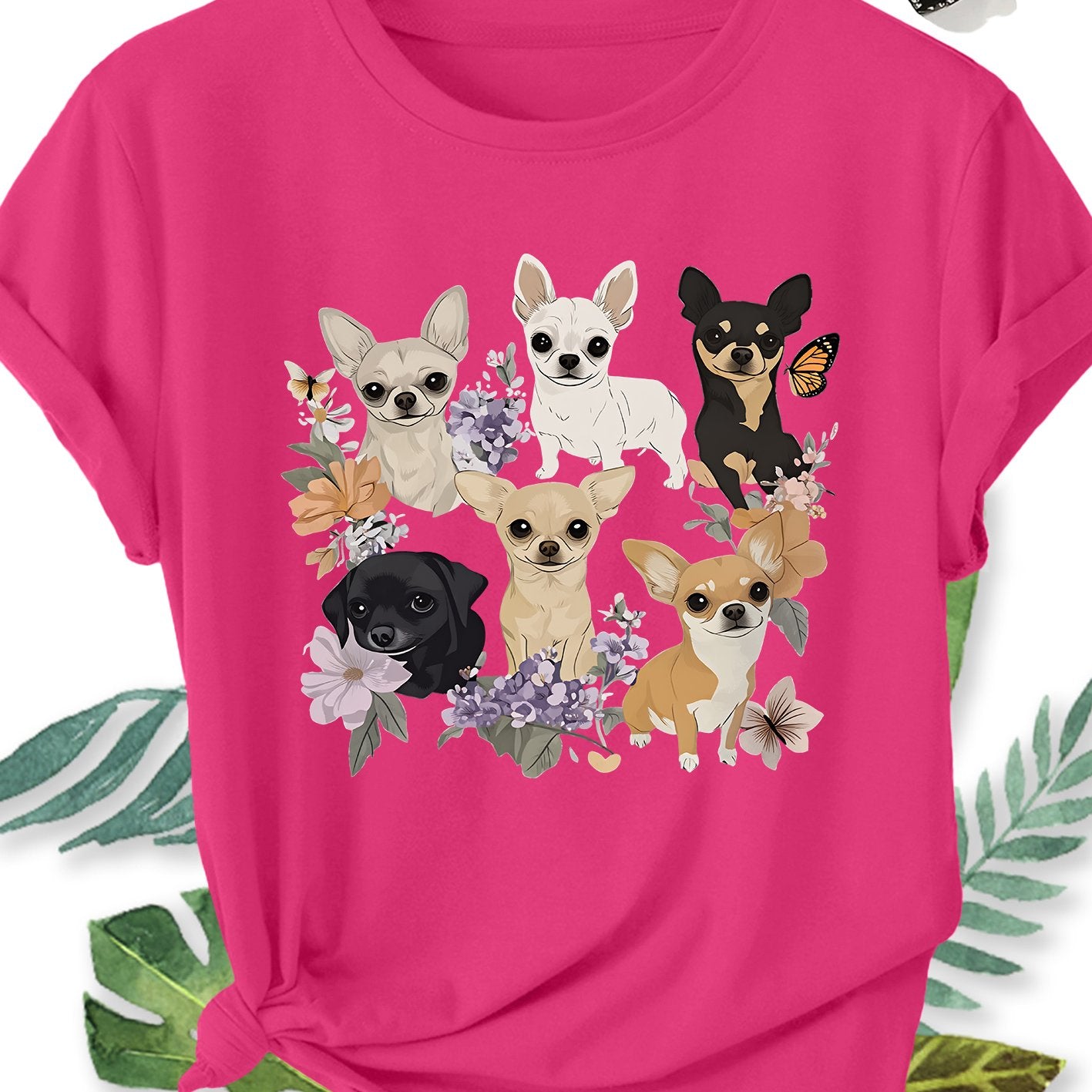 Ladies' Plus Size Short Sleeve T-Shirt with Chihuahua Dog Floral Print, Crew Neck
