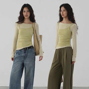 Light Green Camisole-Like Mock Two-Piece Long-Sleeve Spliced Slim-Fit Pleated Layering Base Top