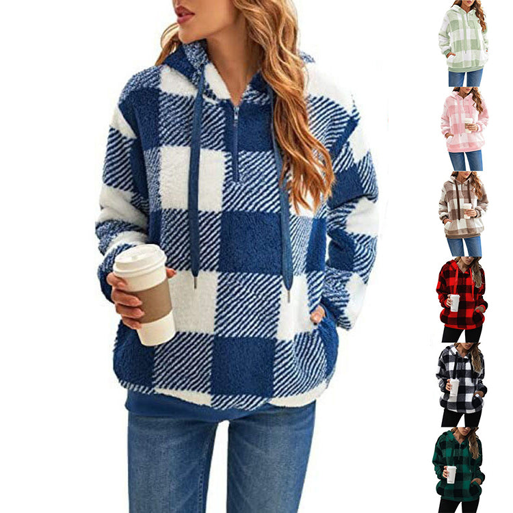 Plush Zip-Up Hooded Sweatshirt with Pockets