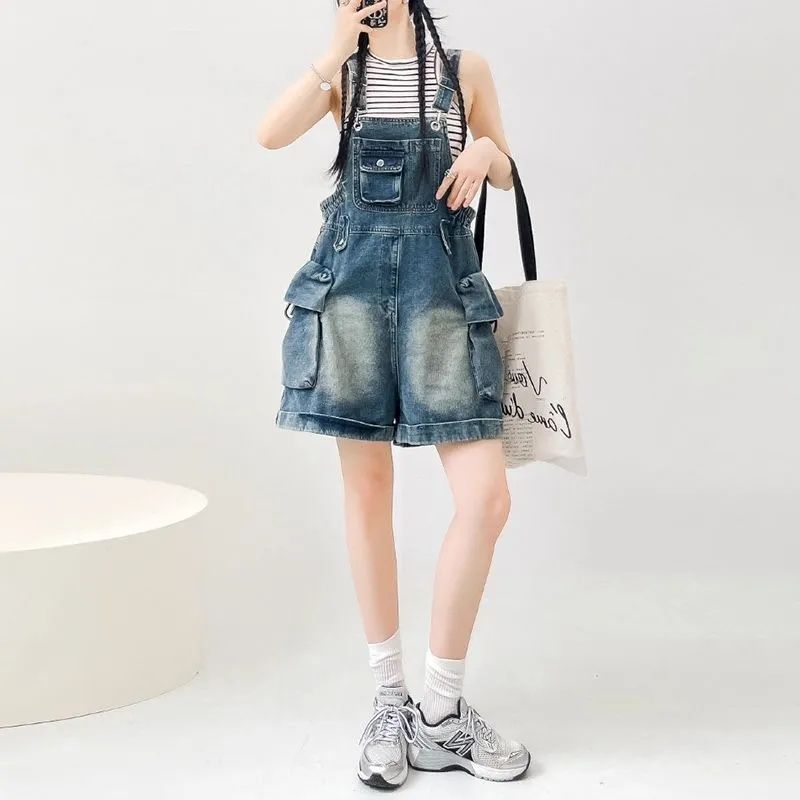 Vintage Denim Overalls Short Romper for Women