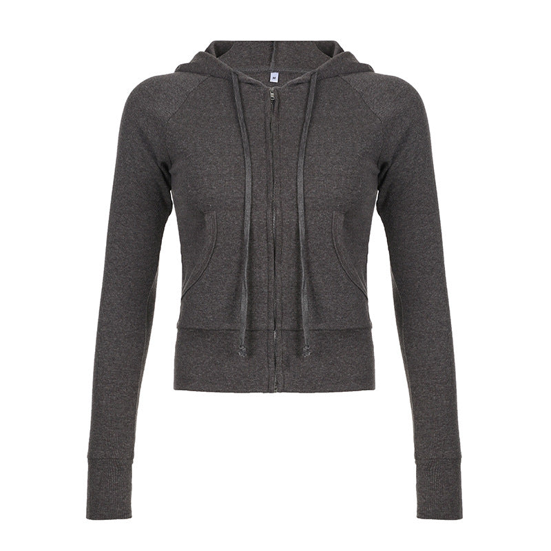 Women's Gray Ribbed Hooded Zip-Up Short Cardigan Sweater