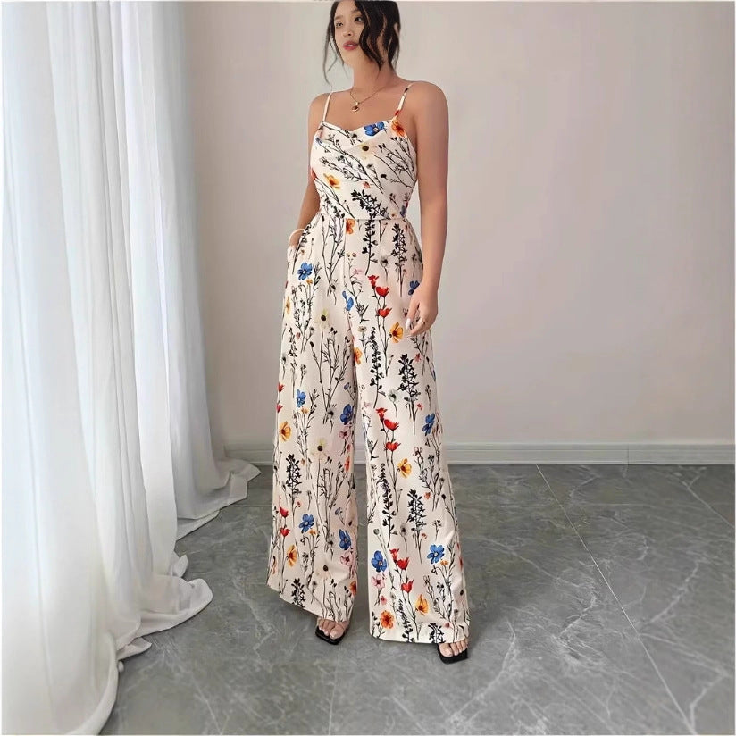 Floral Print Strappy Slimming Jumpsuit