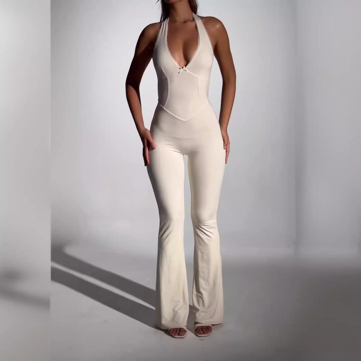 European And American Solid Color Low-cut U-neck Stretch Tight Sexy Sleeveless Jumpsuit