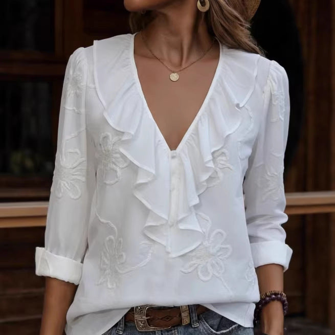 Women's Retro Ruffle-trimmed V-neck Shirt