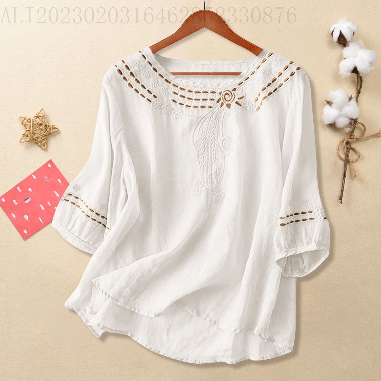Women's Linen Cotton Embroidered Blouse, Round Neck Sleeve Casual Summer Top