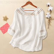 Women's Linen Cotton Embroidered Blouse, Round Neck Sleeve Casual Summer Top