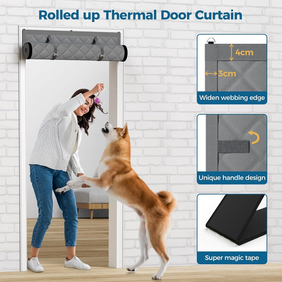 Thick Diamond Quilted Thermal Insulated Door Curtain, Windproof Cold Block Door Drape with Roll Up Buckle, Punch & Adhesive 2 Installation Ways Energy Saving Door Cover for Home Balcony Courtyard Gara