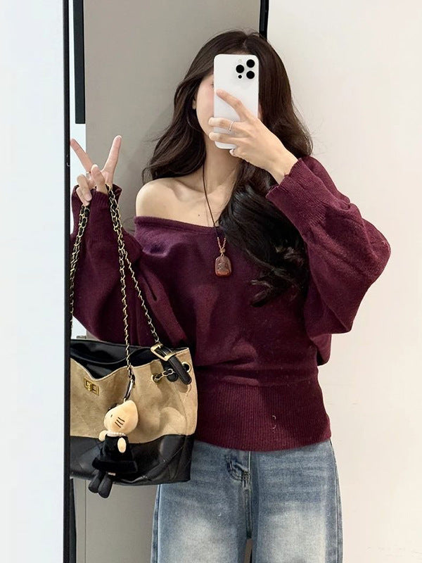 Lazy Style V-neck Batwing Sleeve Knitwear Women's Autumn and Winter