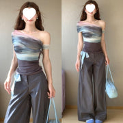 Artistic Bloom Off‑Shoulder Short Sleeve Top – Tie‑Dye Silk Look