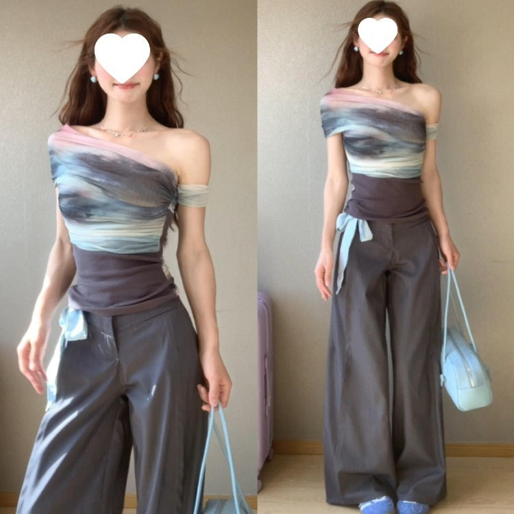 Artistic Bloom Off‑Shoulder Short Sleeve Top – Tie‑Dye Silk Look