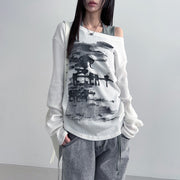 Personalized Distressed Print Diagonal Collar Loose Long-sleeve Women's Top