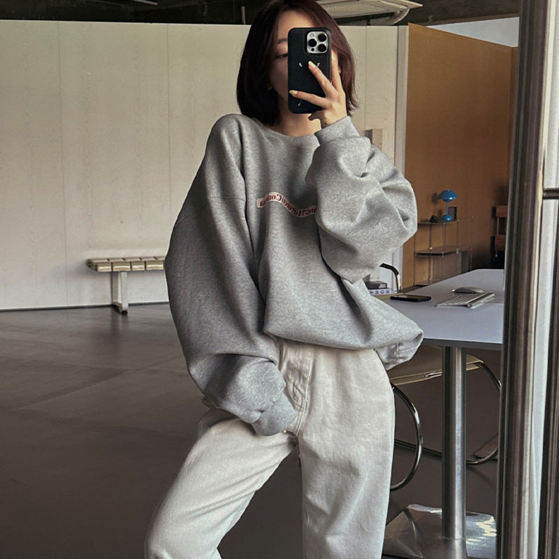 Korean Style Alphabet Embroidered Loose Round Neck Sweater