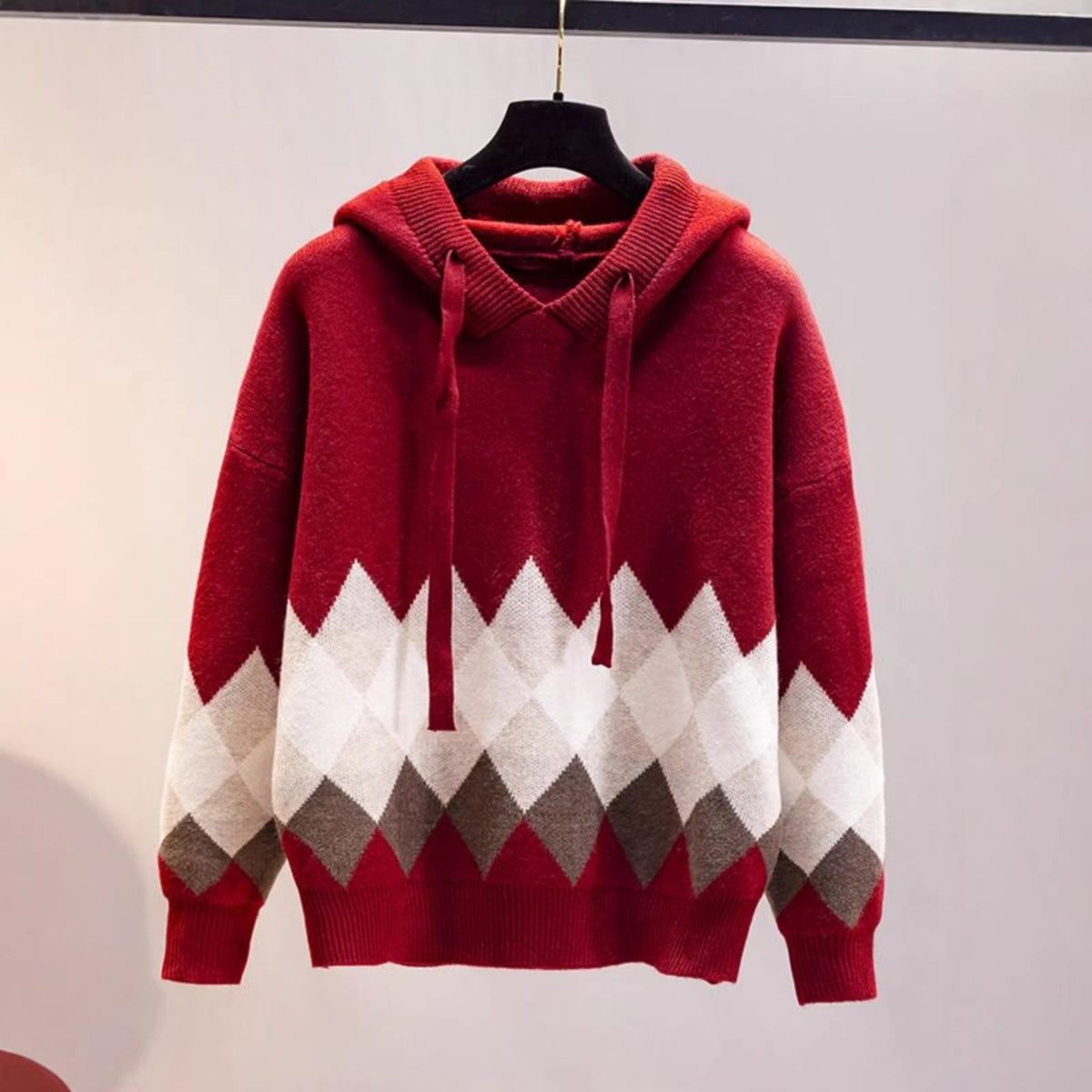 European and American-style Hooded Sweater Loose-fit Diamond-patterned Base Knit Top
