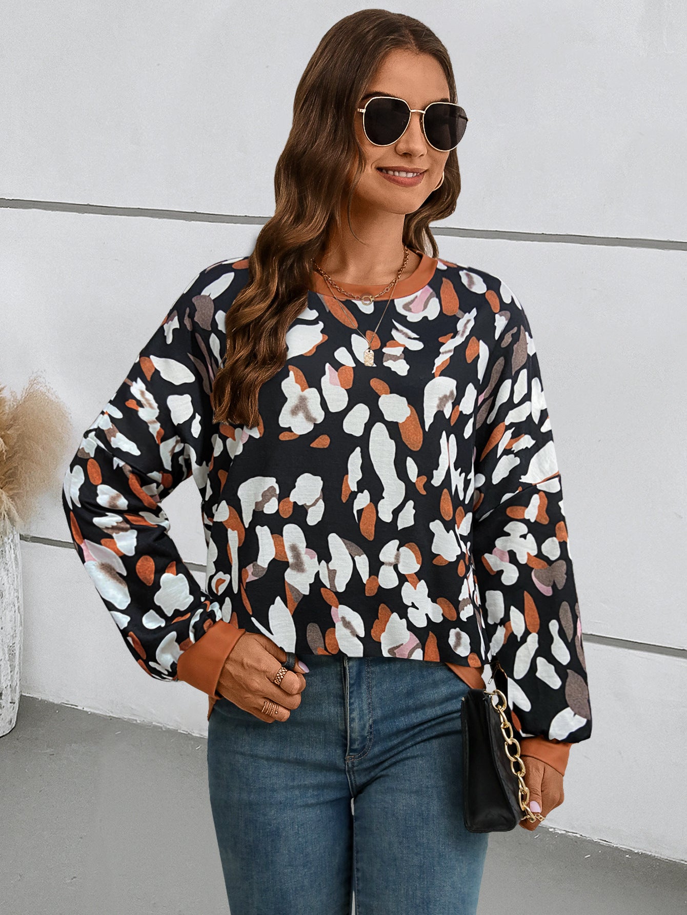 Chic Printed Lantern Sleeve Drop-Shoulder Sweater