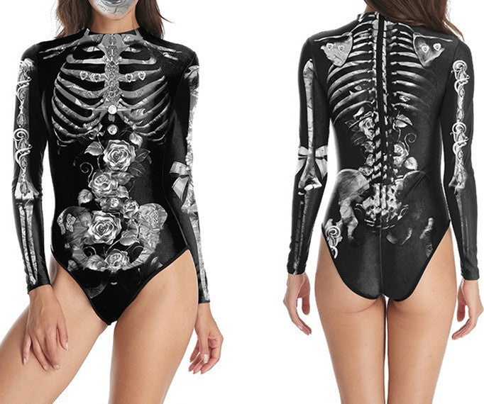 Women's Long-sleeved 3d Digital Printing Skull Skeleton One-piece Swimsuit