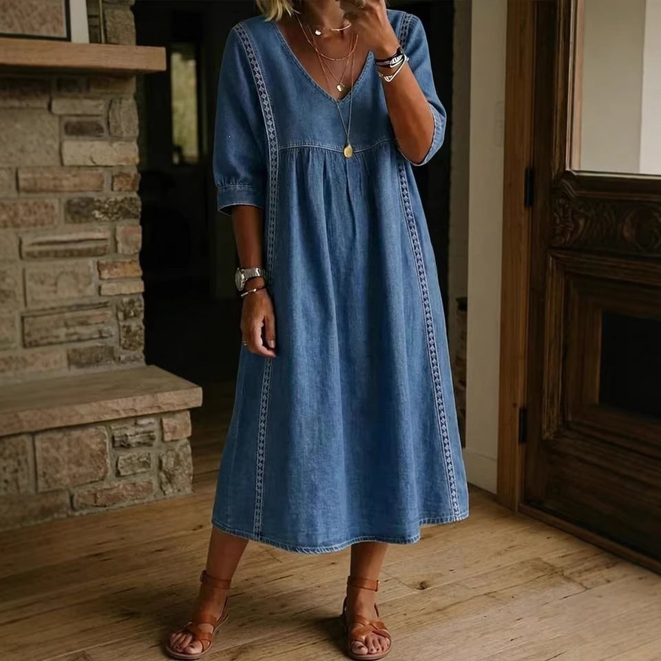 Casual Loose V-neck Stitching Lace Linen Cotton Dress
