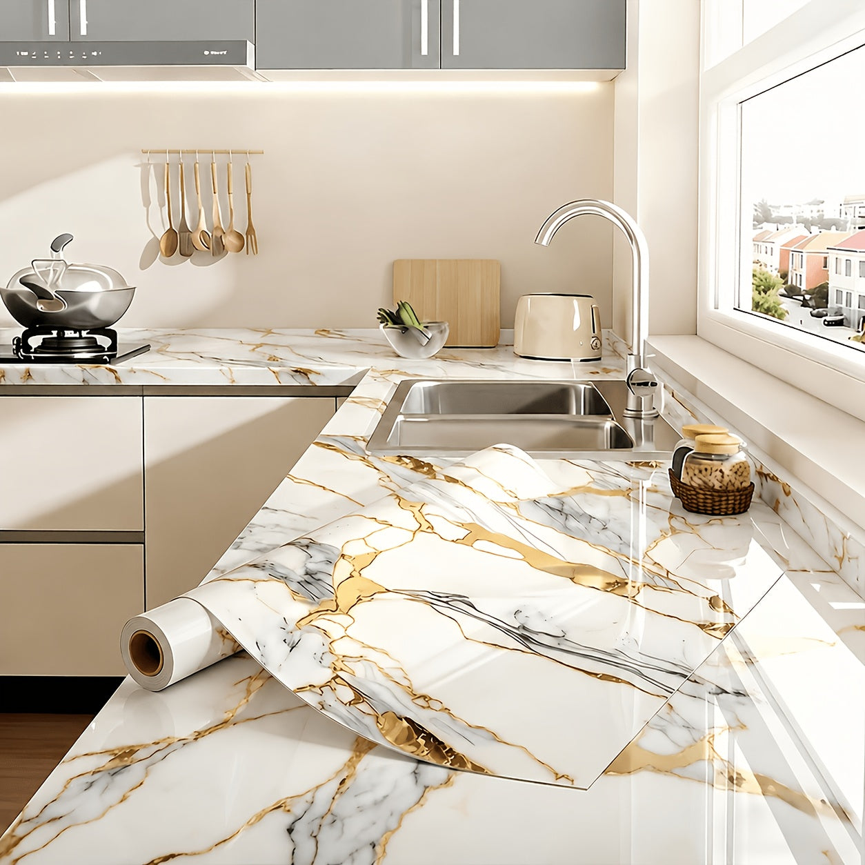 Self-adhesive imitation marble wall stickers for quick room refresh
