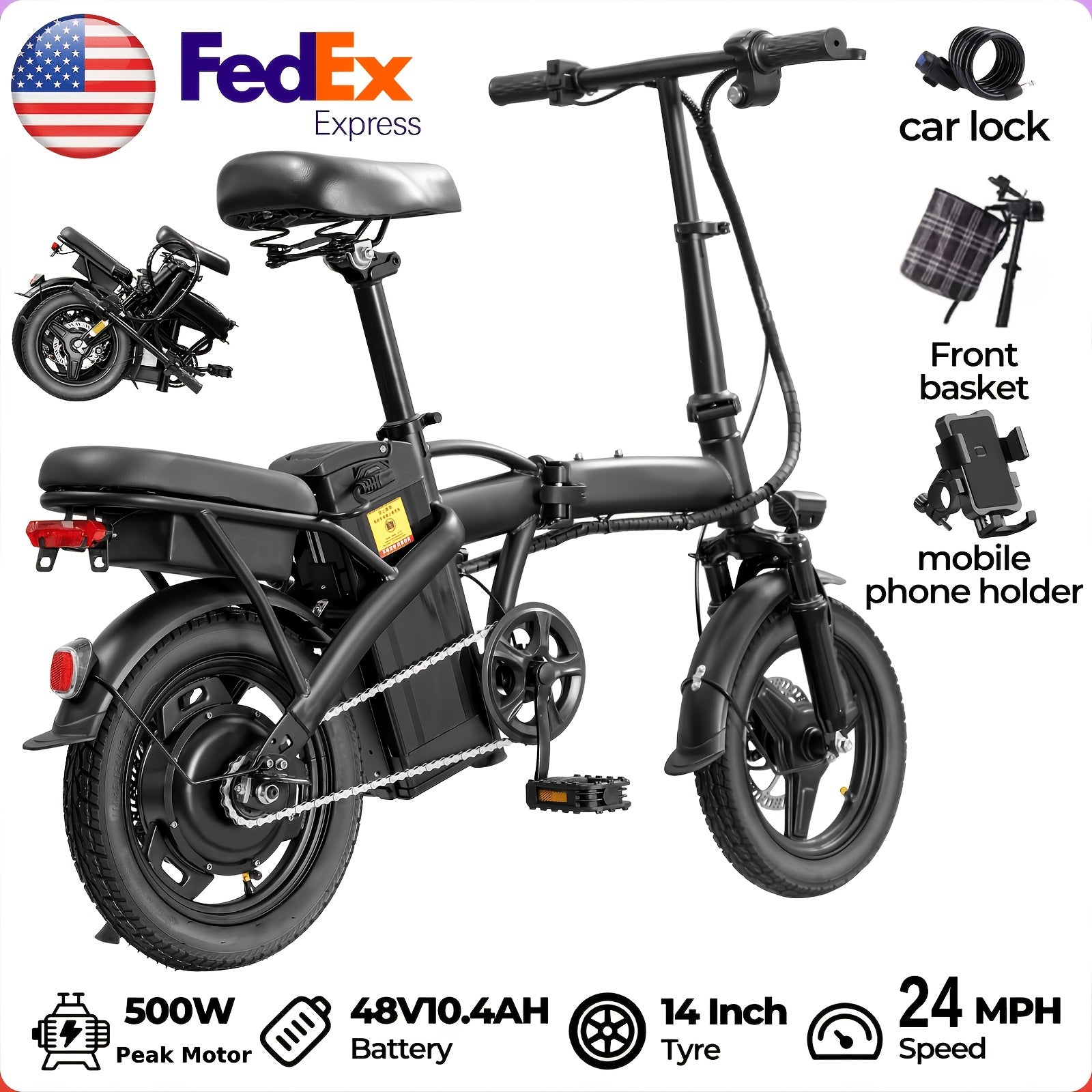 14-Inch Foldable Electric Bike with 500W Motor