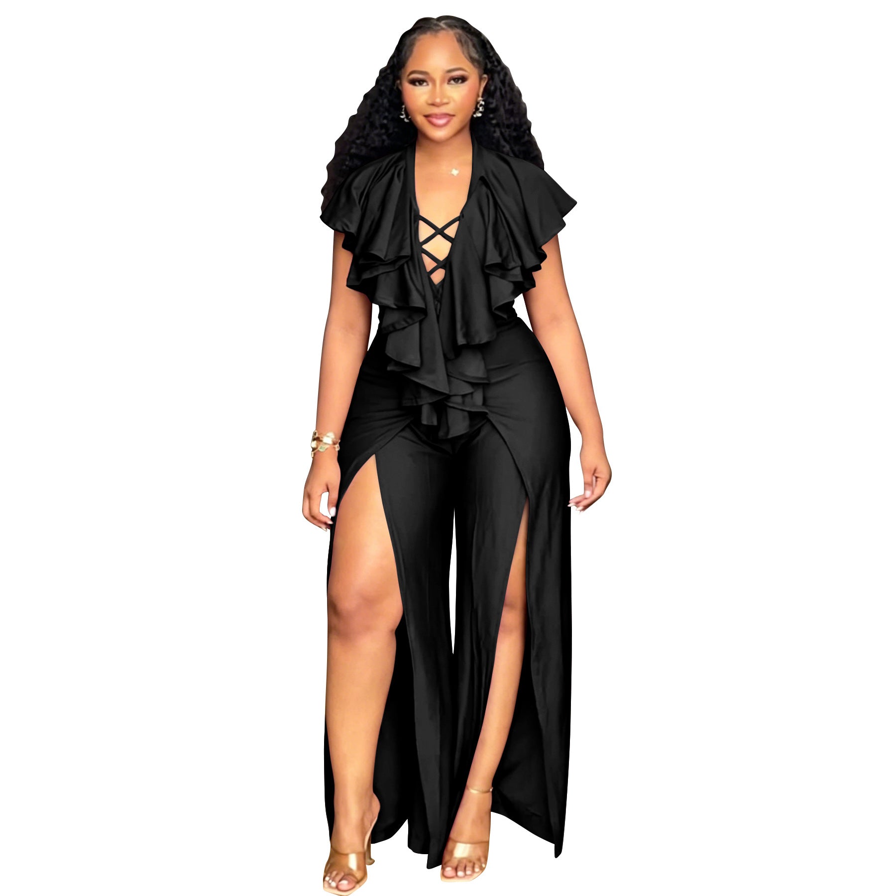 Elegant Ruffle Wide-Leg Plus Size Jumpsuit