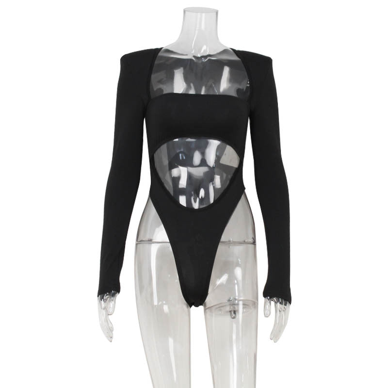 Hollow Design High Waist Padded Shoulder Jumpsuit