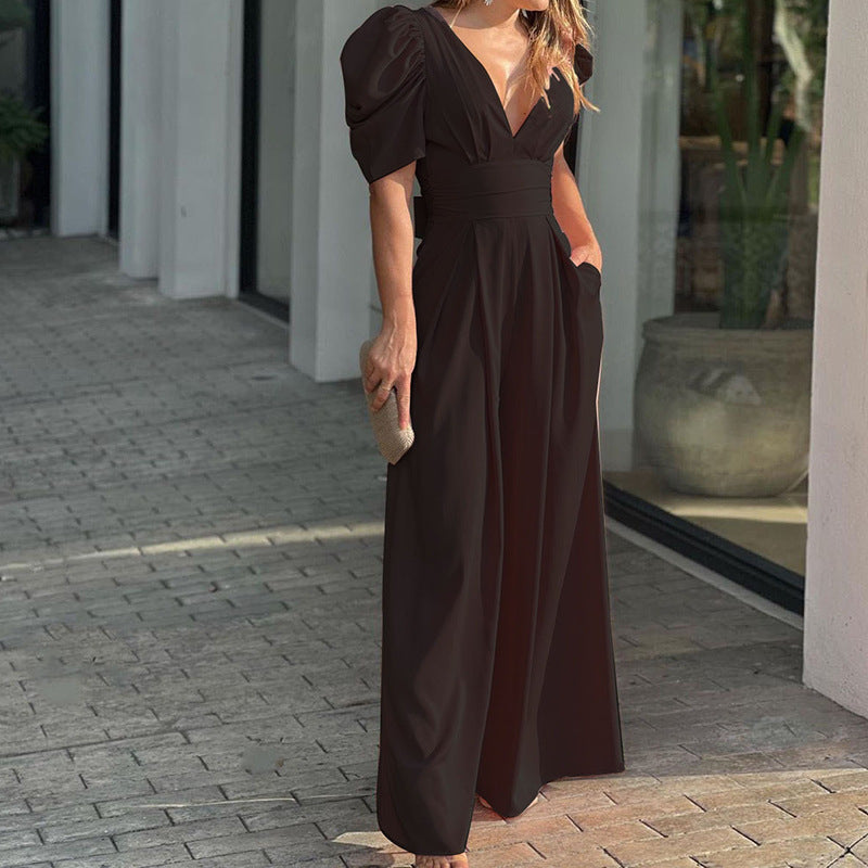 Elegant Plus Size Wide Leg Jumpsuit with Puff Sleeves