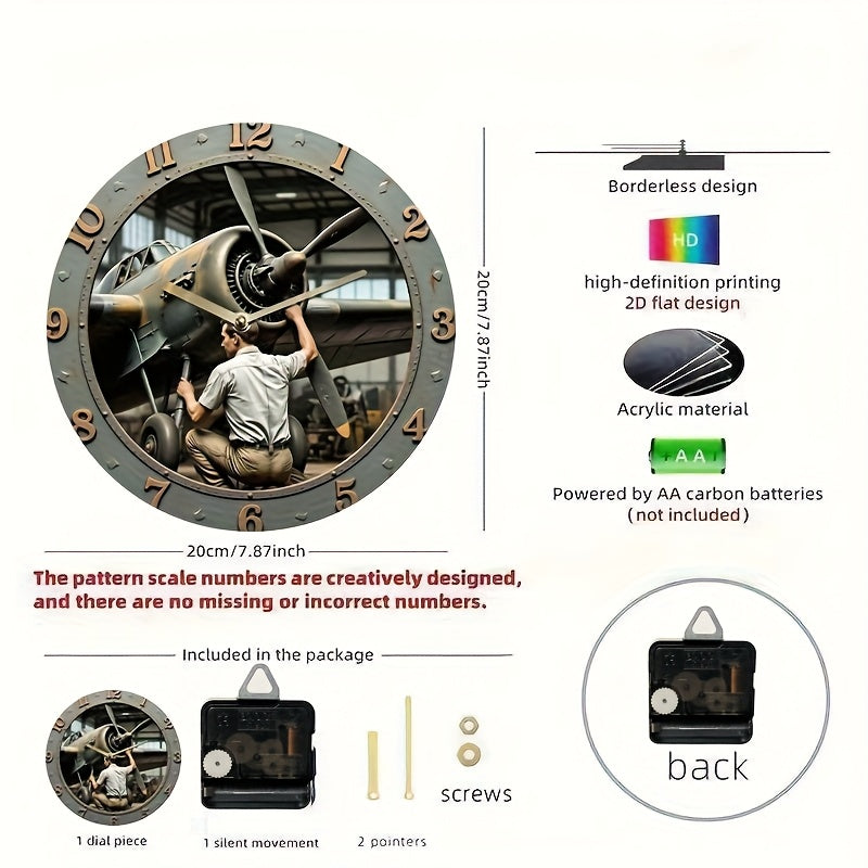 8-Inch 2D Flat Acrylic Wall Clock with Quartz Movement - Mechanic Repairing Airplane Design, Mechanical Parts & Glow Effect, Industrial Decor for Aviation Enthusiasts, Clock Wall Decor, Perfect for Room Decor