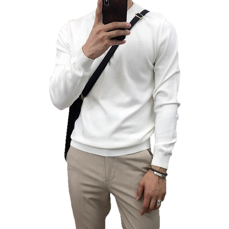 Solid-color Crew-neck Base Knit Sweater Mens Pullover