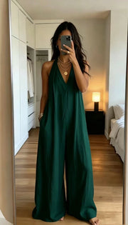Women's Solid Loose Sleeveless Pocket Jumpsuit