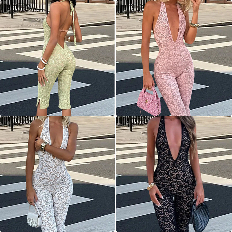 Chic Lace V-Neck Backless Halter Romper