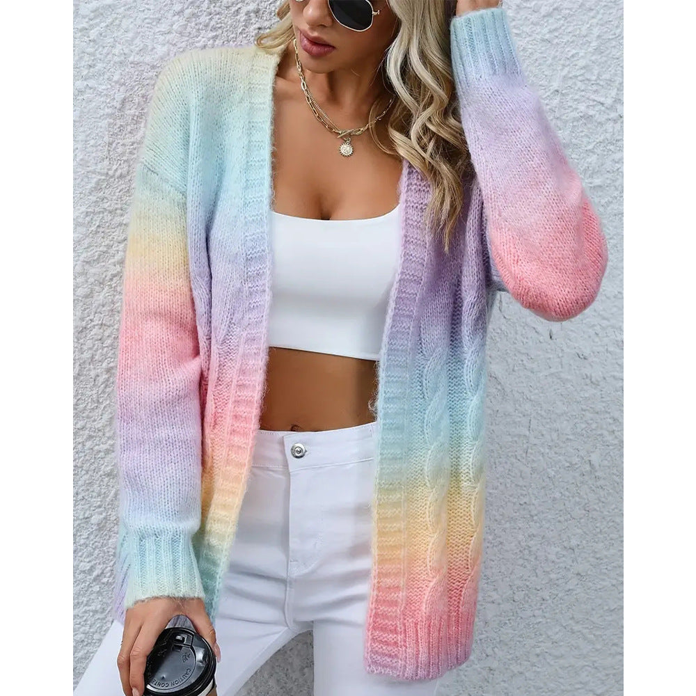 Rainbow Gradient Color Cable-knit Womens New Loose Midi Sweater