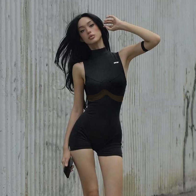 Sleeveless Mesh Patchwork Fitness Romper Shorts