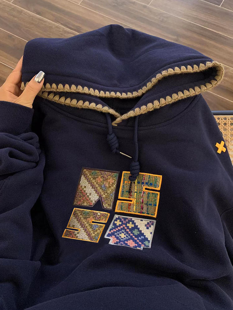 Retro Ethnic Woven Patch Loose Hooded Sweater