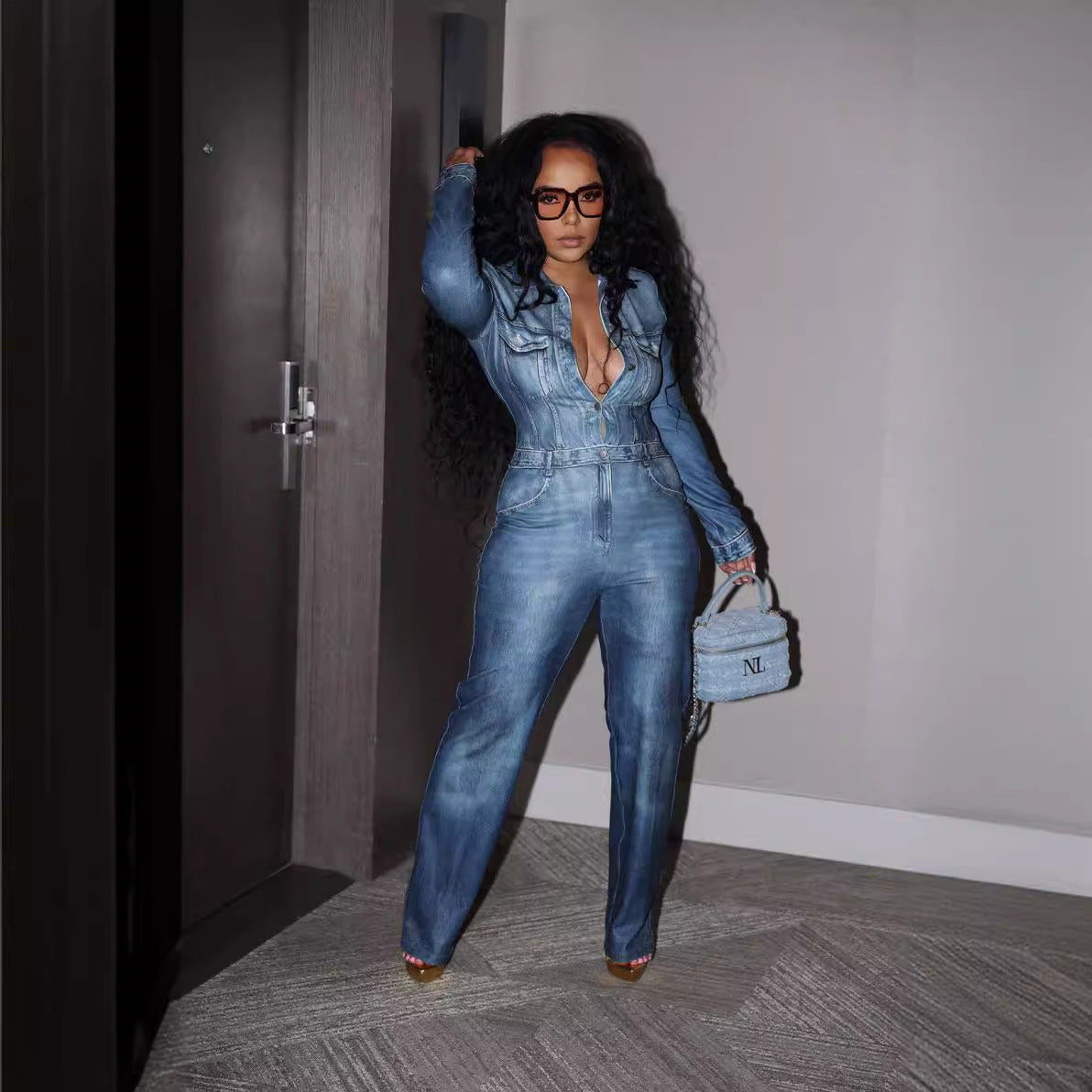 Chic Denim-Print Full-Length Jumpsuit with Pockets