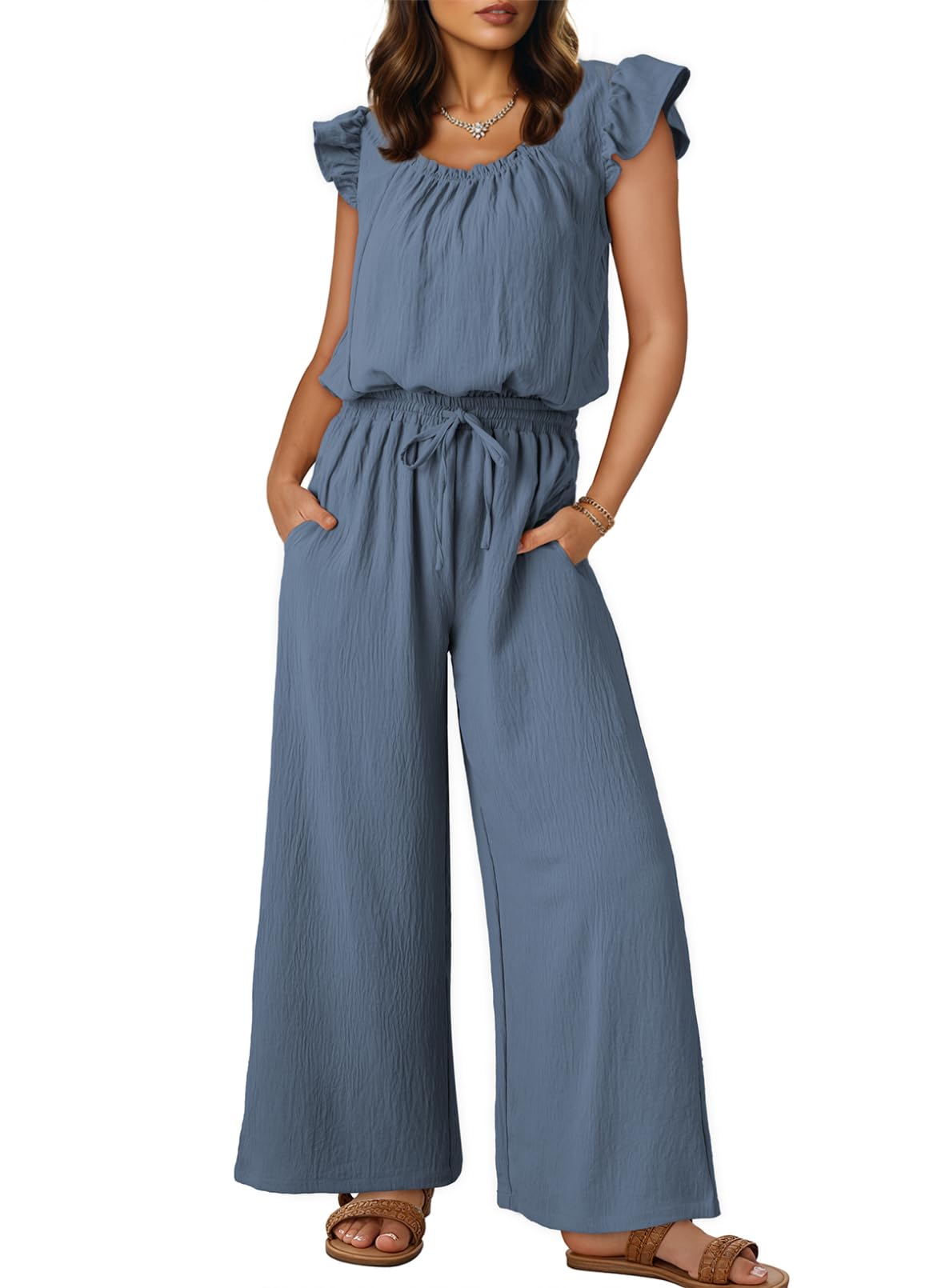 Chic Pleated Square Collar Camisole & Wide Leg Jumpsuit