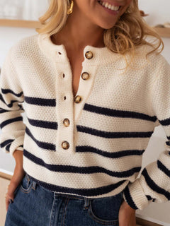 Striped Pullover Top Fashion Cardigan with Buttons Sweater Women