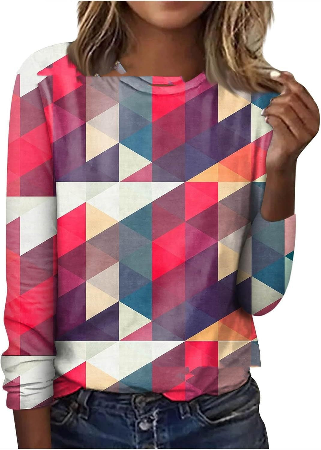 Floral Geometric Print Long Sleeve Round Neck Pullover