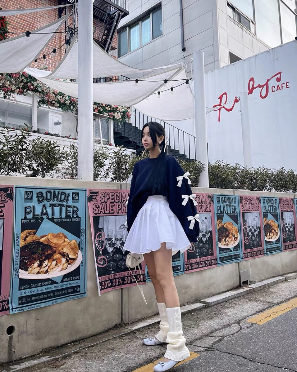 Women's Casual Loose Bow Knit Sweater with Lantern Sleeves