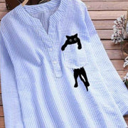 Women's Striped Cotton And Linen Pocket Printed Casual V-neck Long Sleeve Shirt