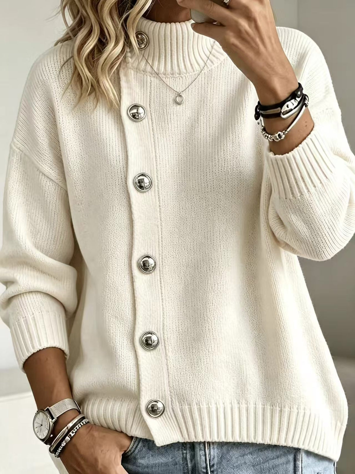 Womens Loose-fit Turtleneck Sweater with Metal Buttons