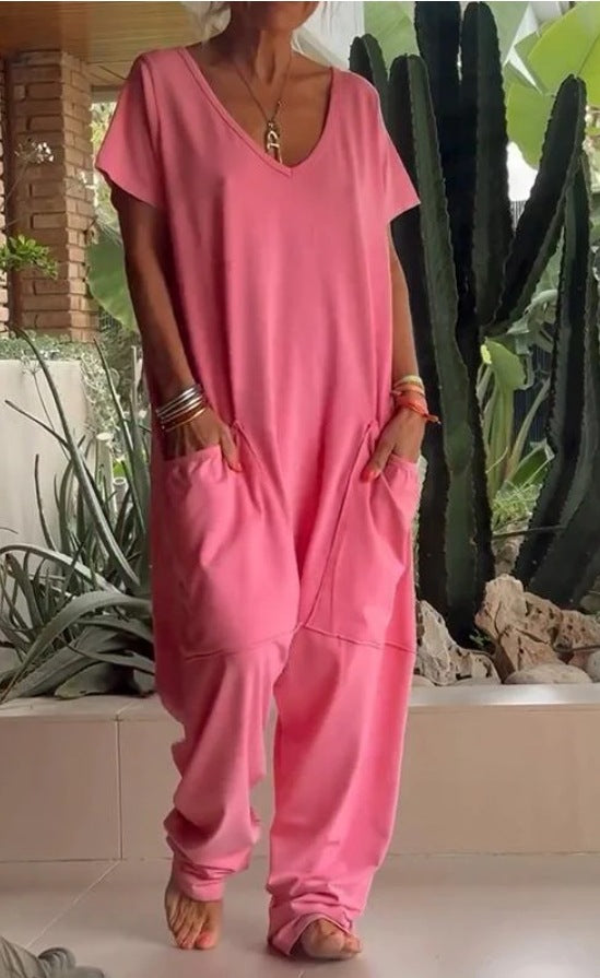 Oversized V-Neck Pocket Jumpsuit Casual Romper