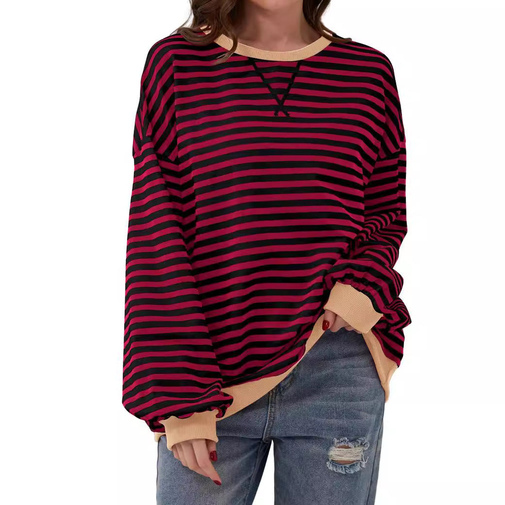 Casual Striped Round Neck Long Sleeve Slim Pullover Top