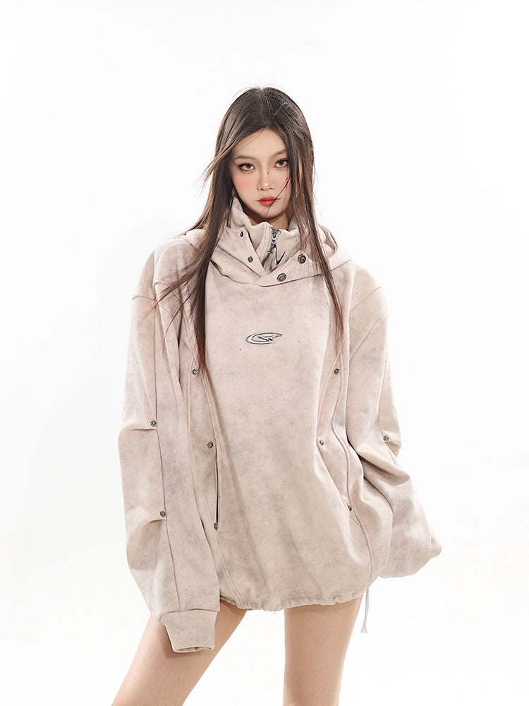 Double-Layer Hooded Turtleneck Pleated Couple's Sweater